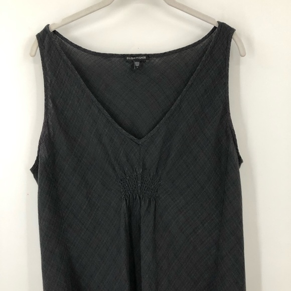 Eileen Fisher L Linen Dress V-Neck Sleeveless Basket Crepe Graphite Gray 0752 - Picture 12 of 14
